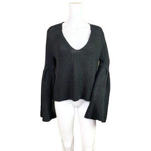 Free People Damsel Black Long Bell Sleeve V-Neck Crop Sweater Size Small